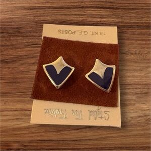 Vintage Trifari Navy Blue and Gold Earrings Pierced